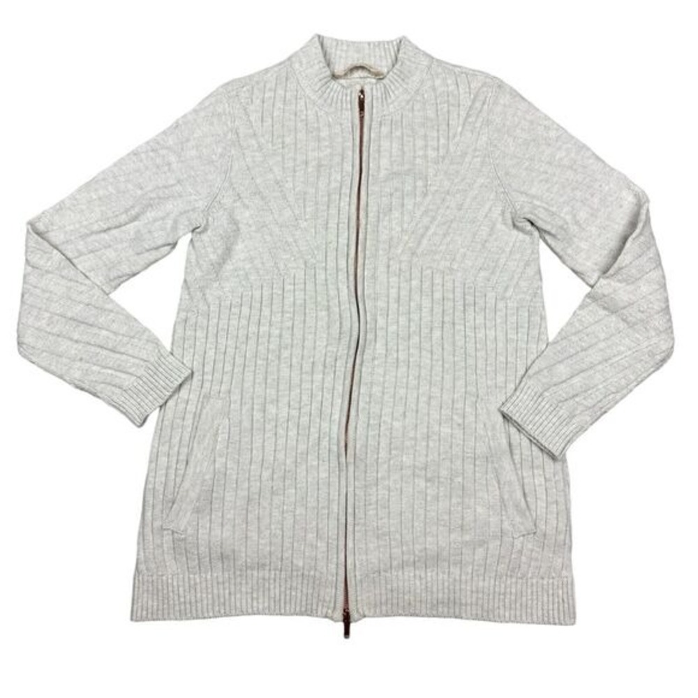 Soft Surroundings Womens XS Light Gray Ribbed Zip Front Long Cardigan Sweater